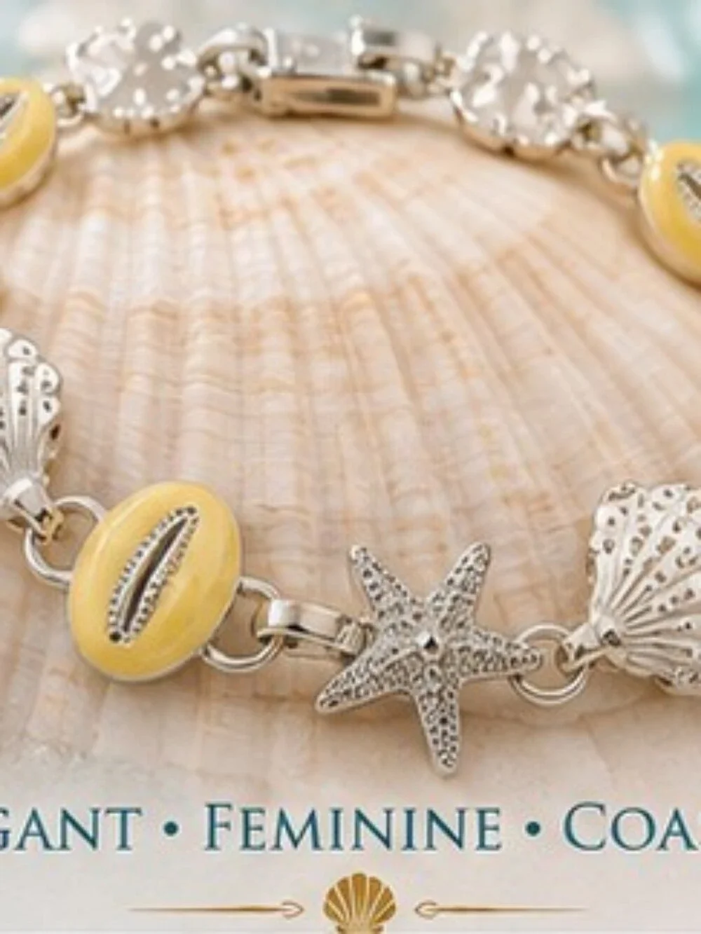 Coastal Starfish Seashell Bracelet 14K White Gold Plated Yellow Enamel NWOT
